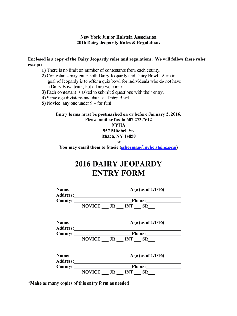 Fillable Online Dairy Jeopardy entry.doc Fax Email Print pdfFiller