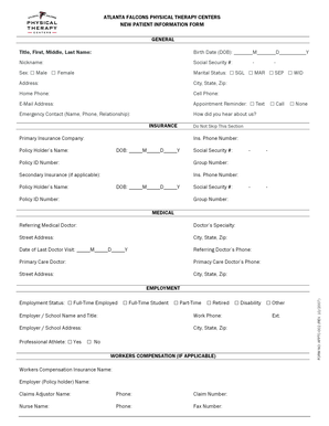 Atlanta Falcons Physical Therapy New Patient Form