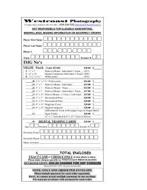 Westcoast Photography Order Form