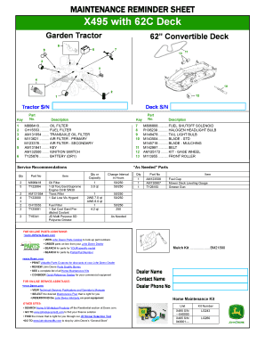 John Deere X495 Maintenance Reminder Sheet