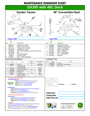 Garden Tractor Maintenance Reminder Sheet