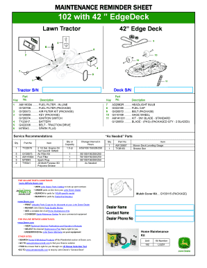 Lawn Tractor Maintenance Reminder Sheet
