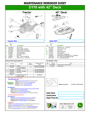 Maintenance Reminder Sheet for D110 Tractor