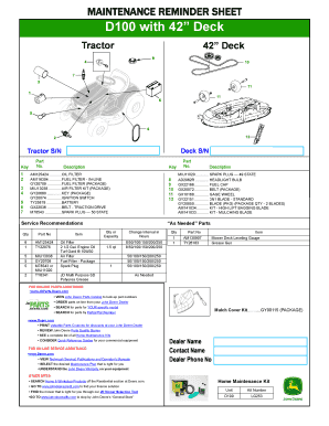 Maintenance Reminder Sheet for D100 Tractor