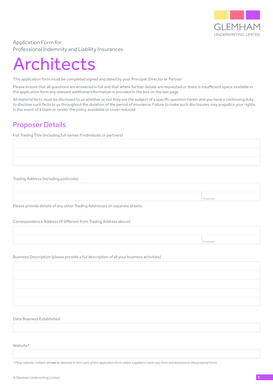 Professional Indemnity Insurance Application Form for Architects