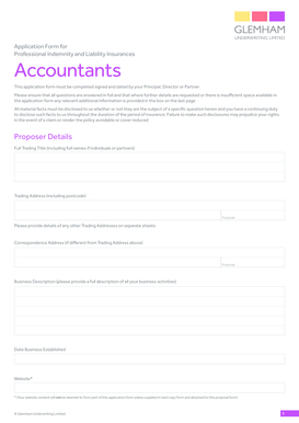 Professional Indemnity Insurance Application Form for Accountants