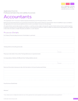 Professional Indemnity Insurance Application Form for Accountants
