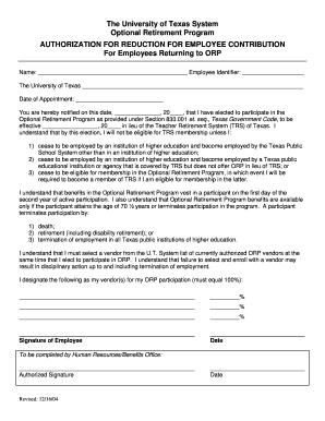 University of Texas ORP Employee Contribution Reduction Authorization