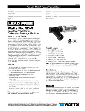 Watts SD3 Backflow Preventer Installation Form