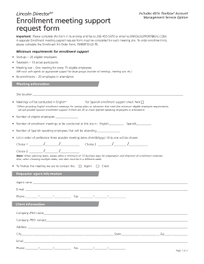 Lincoln DirectorSM 401k Toolbox Enrollment Meeting Support Request Form