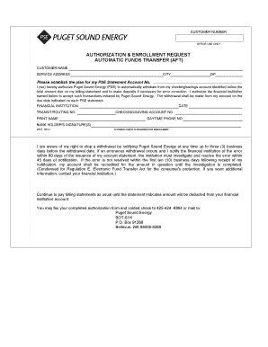 Puget Sound Energy Automatic Funds Transfer Authorization