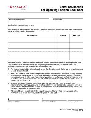 Letter of Direction for Updating Position Book Cost