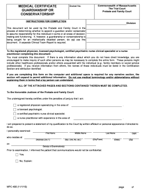 Massachusetts Guardianship or Conservatorship Medical Certificate