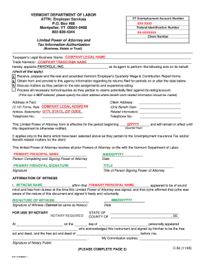 Vermont Limited Power of Attorney and Tax Information Authorization