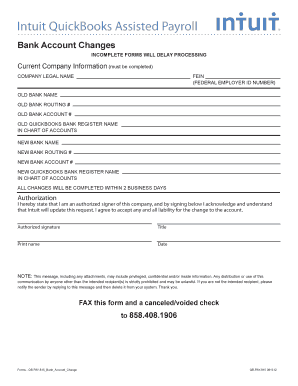 QuickBooks Assisted Payroll Bank Account Change Form