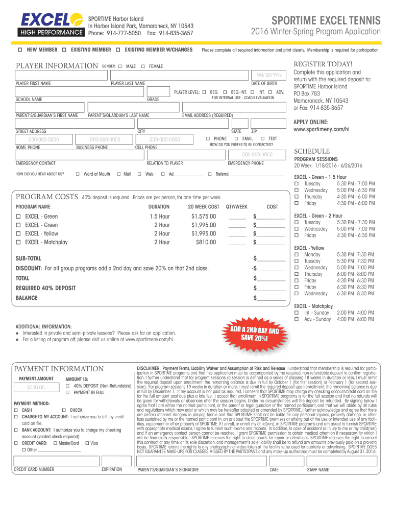 Fillable Online EXCEL SPORTIME Harbor Island SPORTIME EXCEL TENNIS Fax