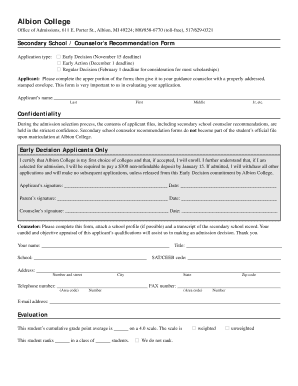 Albion College Counselor Recommendation Form