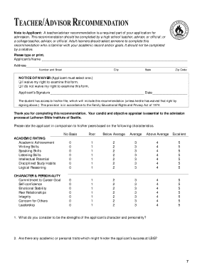 Teacher Advisor Recommendation Form