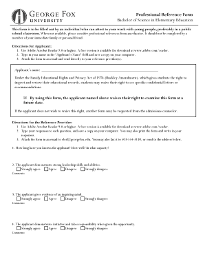 Professional Reference Form for Elementary Education