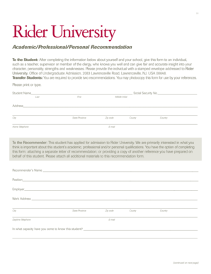 Rider University Academic Recommendation Form