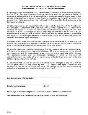 Employee Handbook Acceptance and At-Will Employment Acknowledgement