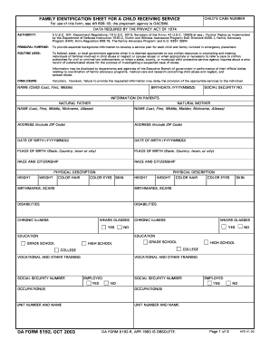 Family Identification Sheet for Child Receiving Service