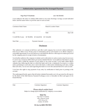 Authorization Agreement for Pre-Arranged Payment