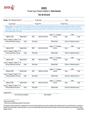Provider Inquiry Recipient Eligibility for Vision Services