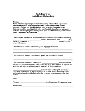 The Holman Group Medical Record Release Form