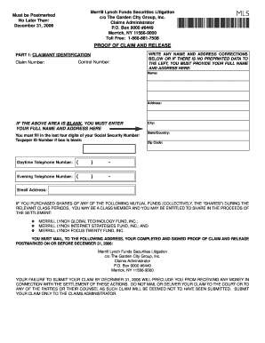 Merrill Lynch Funds Securities Litigation Proof of Claim and Release
