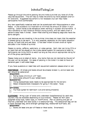 Individual Packing List for Outdoor Trip