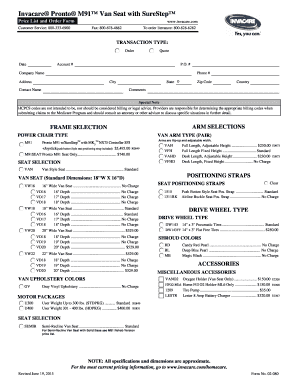 Invacare Pronto M91 Van Seat Order Form
