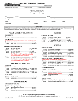 Invacare Tracer SX5 Wheelchair Order Form
