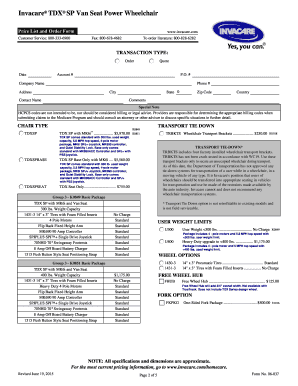 Invacare TDX SP Van Seat Power Wheelchair Order Form