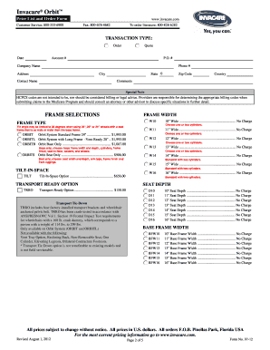 Invacare Orbit Price List and Order Form