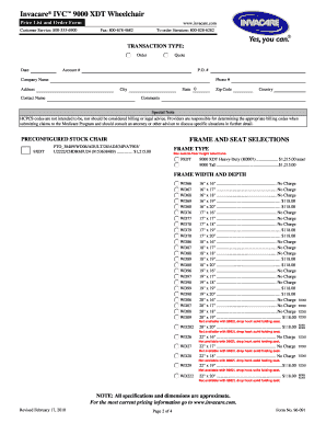 Invacare IVC 9000 XDT Wheelchair Order Form