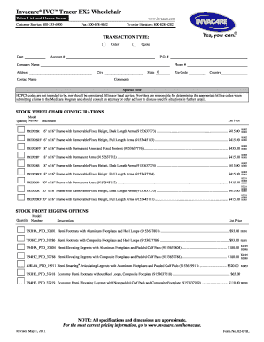 Invacare IVC Tracer EX2 Wheelchair Price List and Order Form