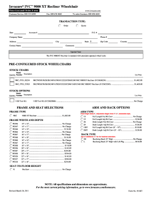 Invacare IVC 9000 XT Recliner Wheelchair Order Form