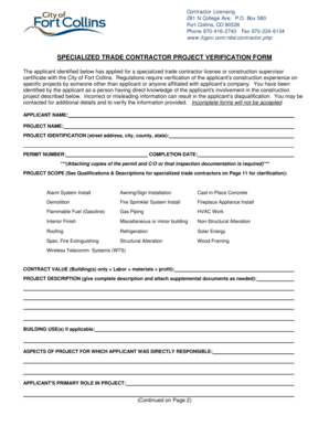 Specialized Trade Contractor Project Verification Form