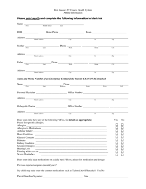 Bon Secours ST Francis Health System Athlete Information Form