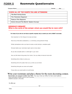 Fillable Online FORM 5 Roommate Questionnaire - youngactorscampcom Fax Email Print - pdfFiller
