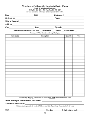 Veterinary Orthopedic Implants Order Form