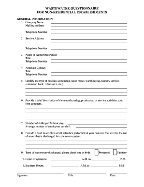 Wastewater Questionnaire for Non-Residential Establishments