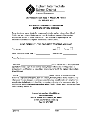 Authorization for Release of Criminal History Records