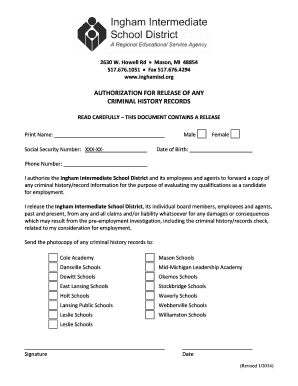 Authorization for Release of Criminal History Records