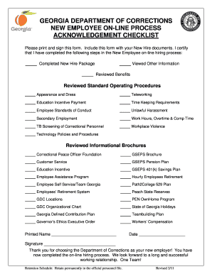 Georgia Corrections New Employee Acknowledgement Checklist