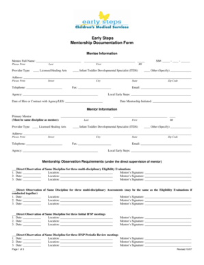 Early Steps Mentorship Documentation Form