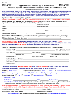 Pennsylvania Death Record Application
