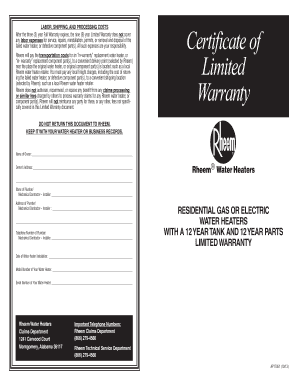 Rheem Water Heater Limited Warranty Certificate