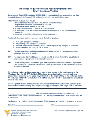 Insurance Requirements and Acknowledgment Form for J-1 Exchange Visitors